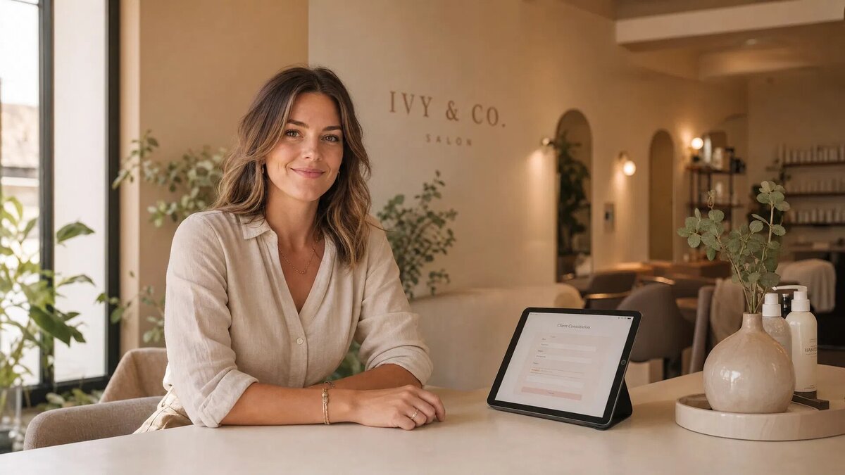 Signato — tablet s formulárom v salóne