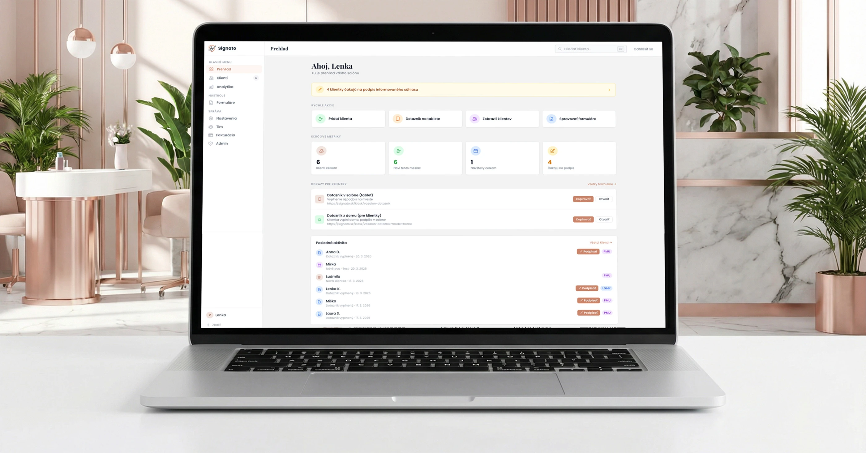 Admin panel systému Signato