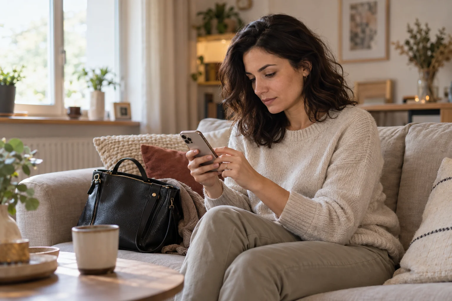Klientka doma vypĺňa na mobile dotazník pred návštevou kozmetického salónu